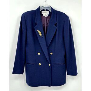VINTAGE 90S WOOL TWEED BLAZER JACKET navy blue 12 double breasted career office